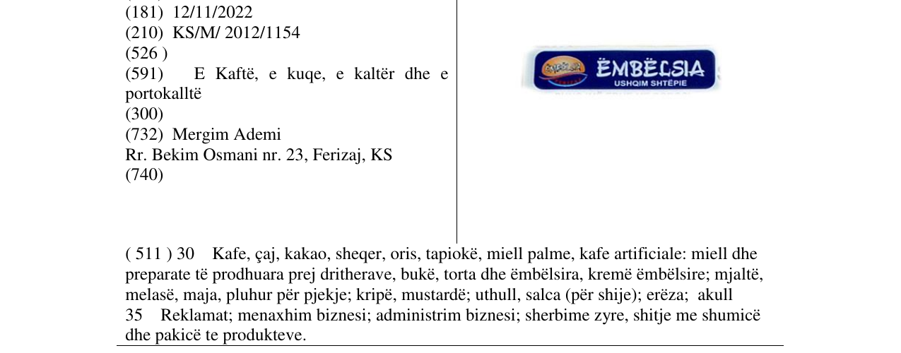 Zëri i markës ËMBËLSIA USHQIM SHTËPIE në buletin