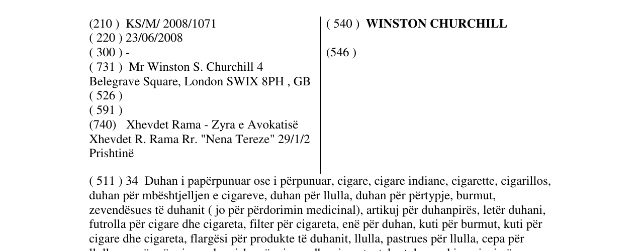 Zëri i markës WINSTON CHURCHILL në buletin