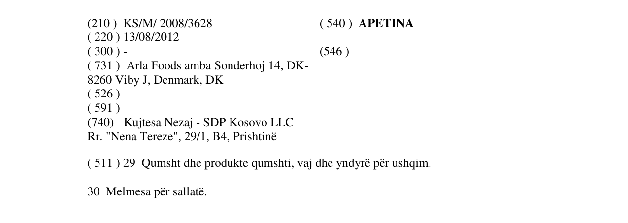 Zëri i markës APETINA në buletin