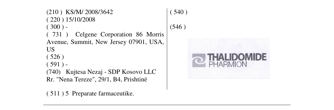 Zëri i markës THALIDOMIDE PHARMION në buletin