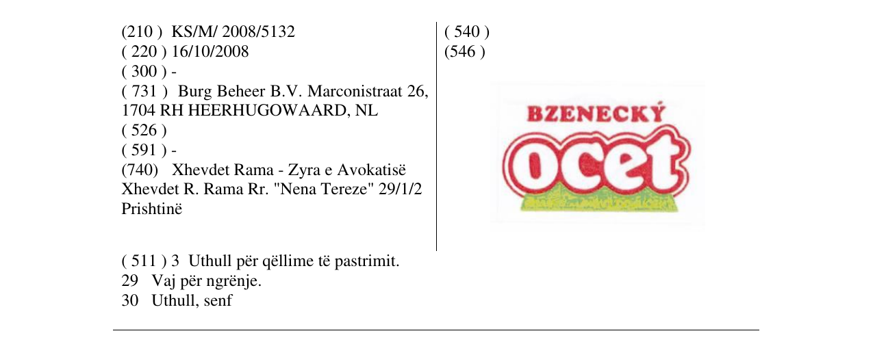Zëri i markës BZENECKÝ ocet në buletin