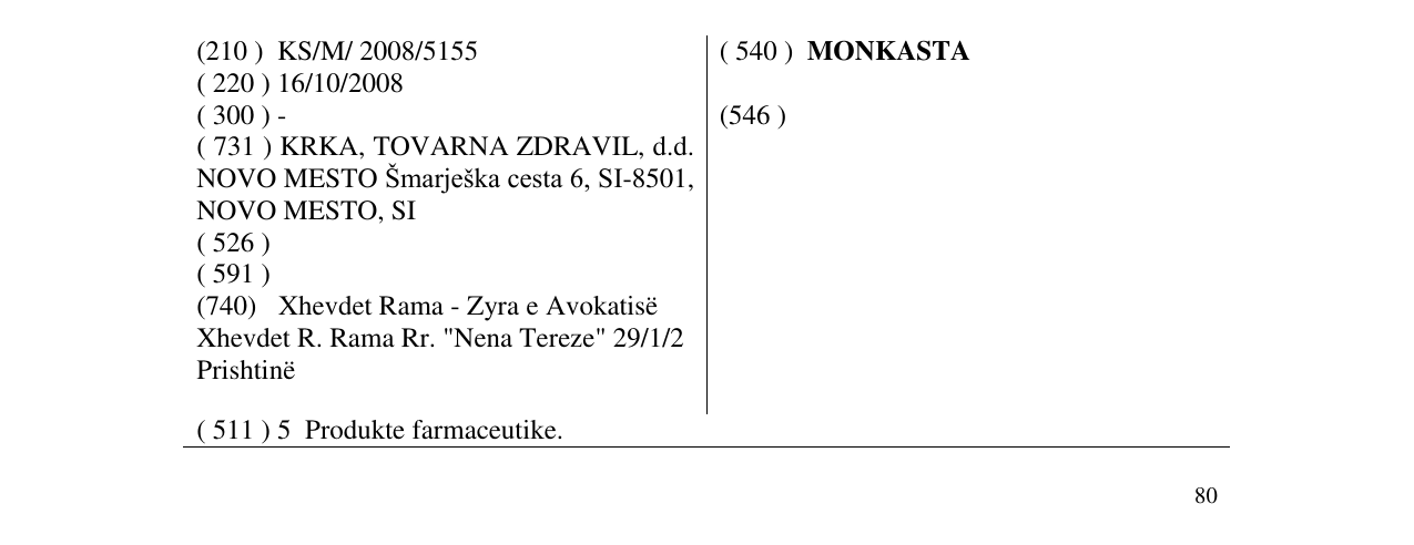 Zëri i markës MONKASTA në buletin