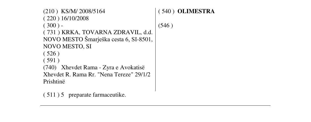Zëri i markës OLIMESTRA në buletin