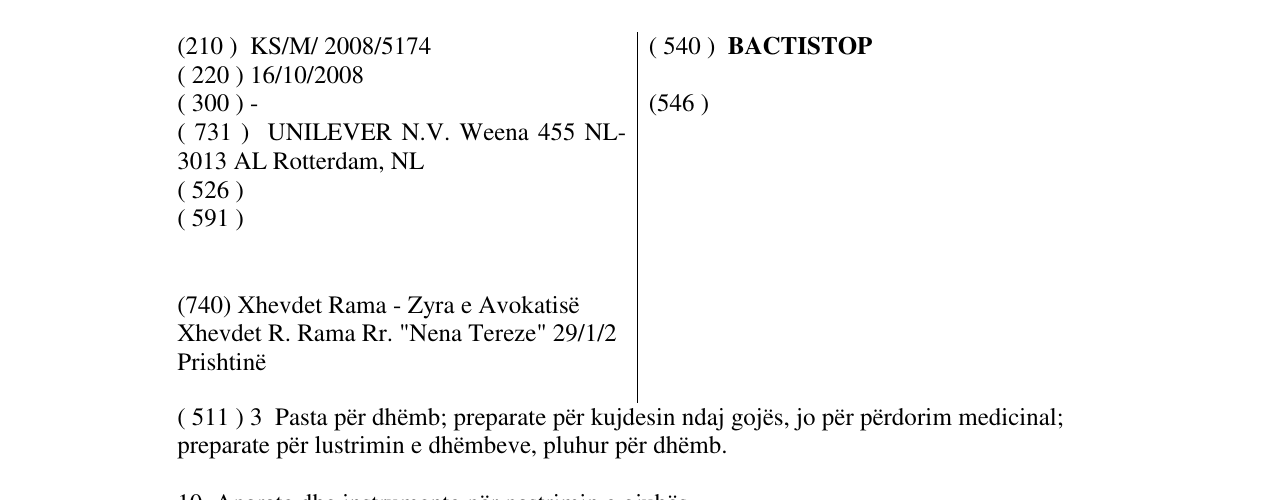 Zëri i markës BACTISTOP në buletin