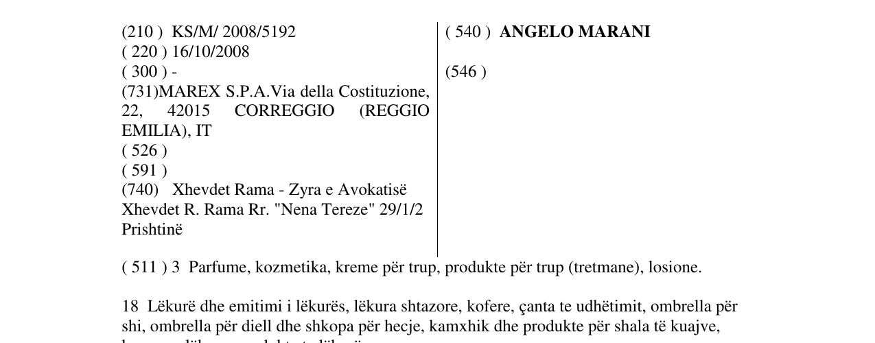 Zëri i markës ANGELO MARANI në buletin