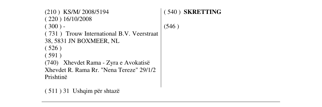 Zëri i markës SKRETTING në buletin