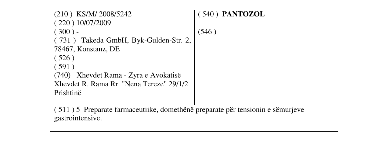 Zëri i markës PANTOZOL në buletin