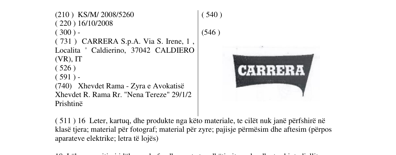 Zëri i markës CARRERA në buletin