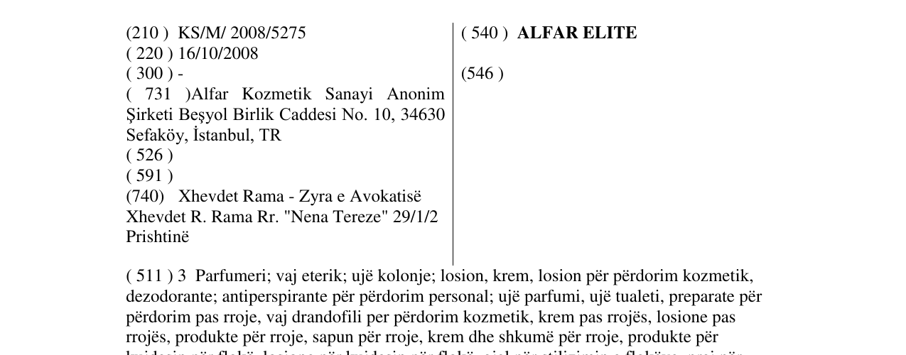 Zëri i markës ALFAR ELITE në buletin