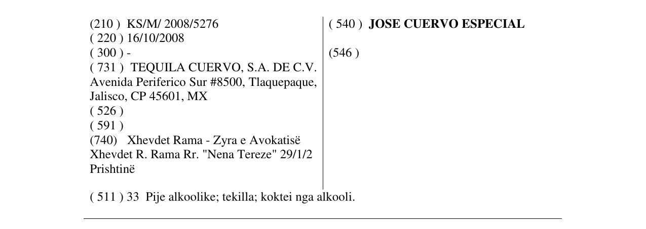 Zëri i markës JOSE CUERVO ESPECIAL në buletin