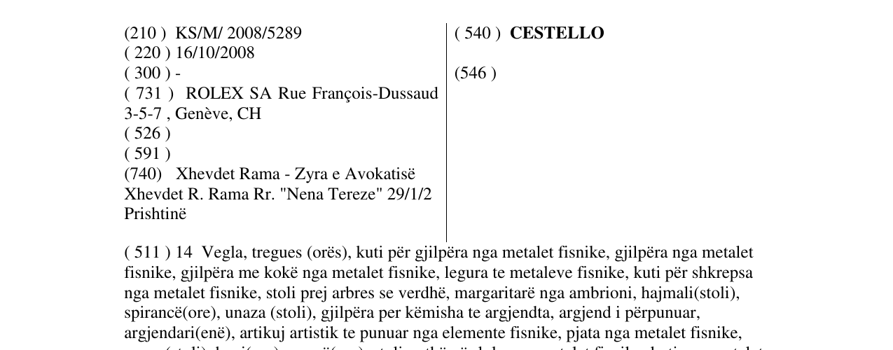 Zëri i markës CESTELLO në buletin