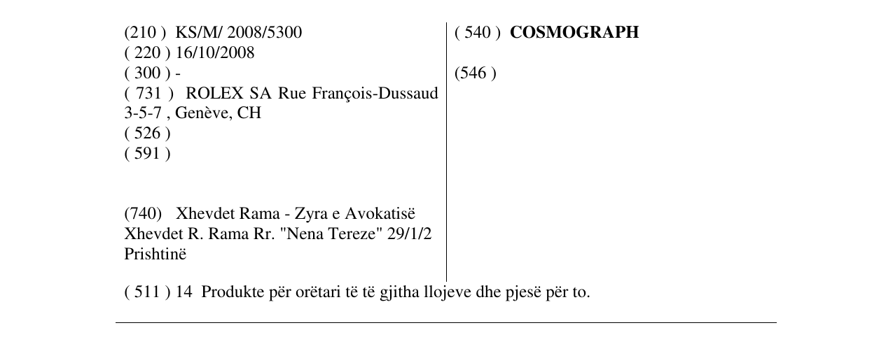 Zëri i markës COSMOGRAPH në buletin