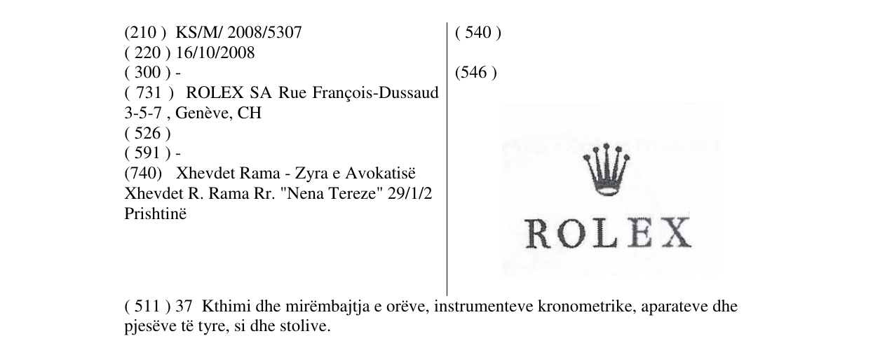Zëri i markës ROLEX në buletin