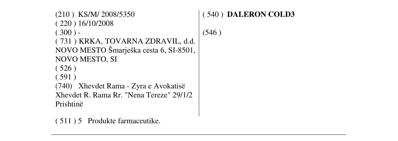 Zëri i markës DALERON COLD3 në buletin