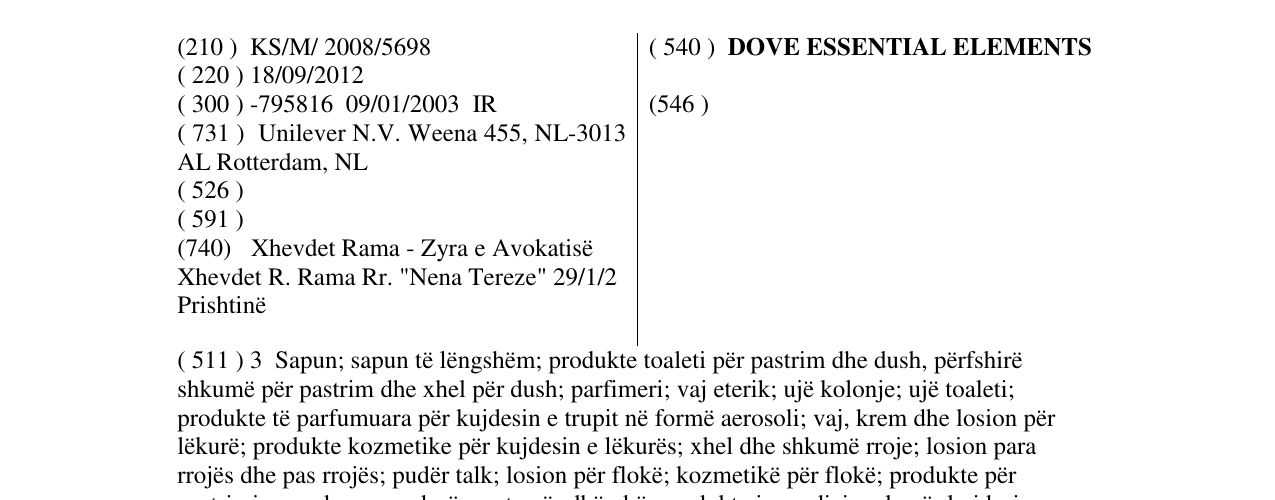 Zëri i markës DOVE ESSENTIAL ELEMENTS në buletin