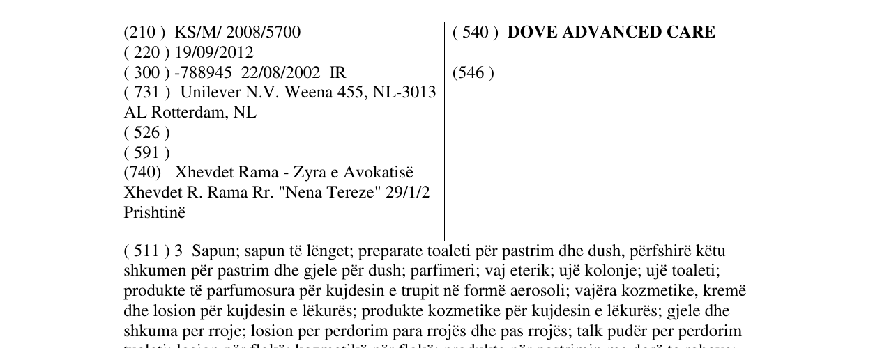 Zëri i markës DOVE ADVANCED CARE në buletin