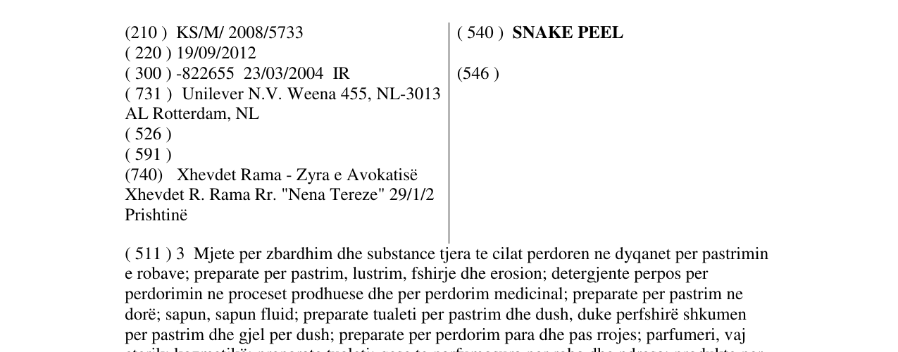 Zëri i markës SNAKE PEEL në buletin