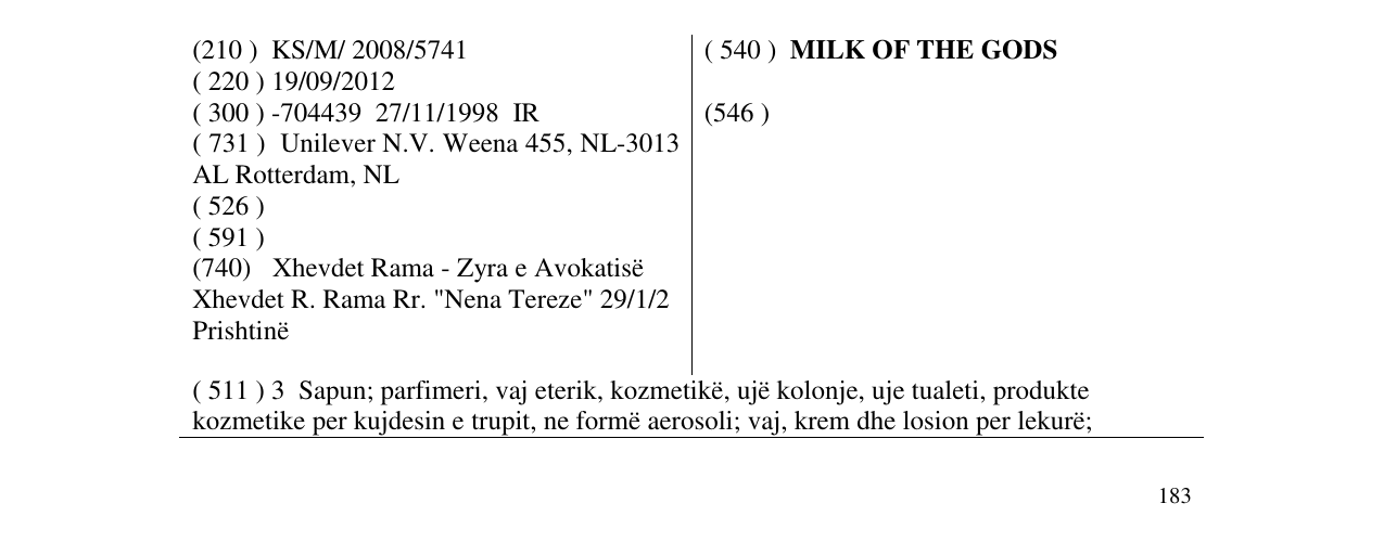 Zëri i markës MILK OF THE GODS në buletin