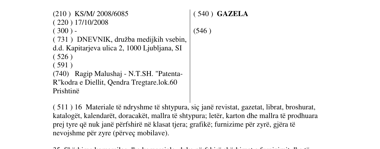 Zëri i markës GAZELA në buletin