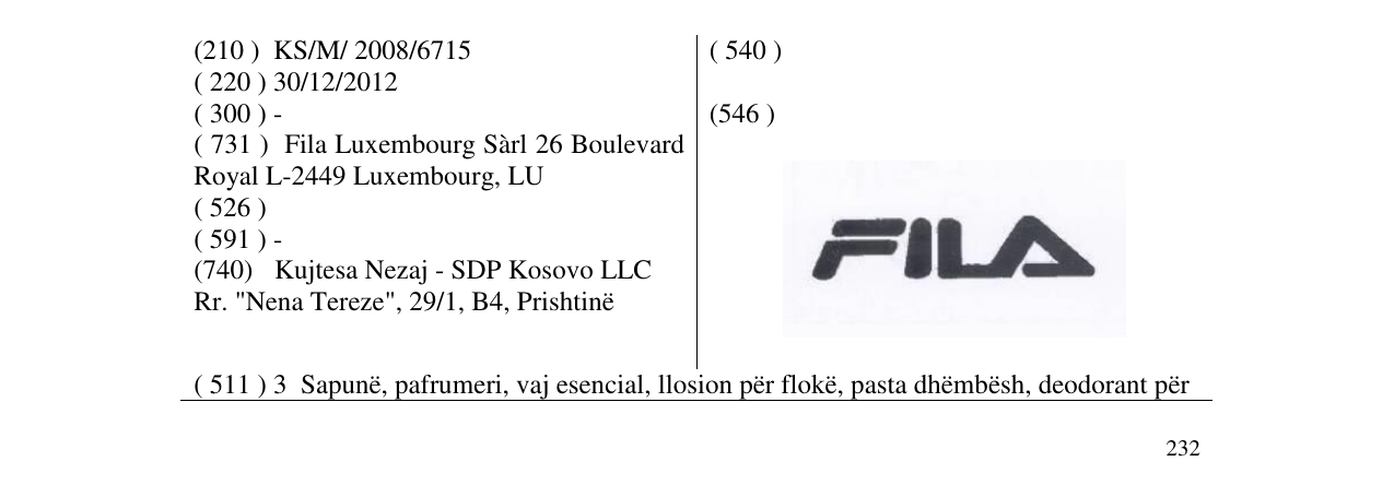 Zëri i markës FILA në buletin