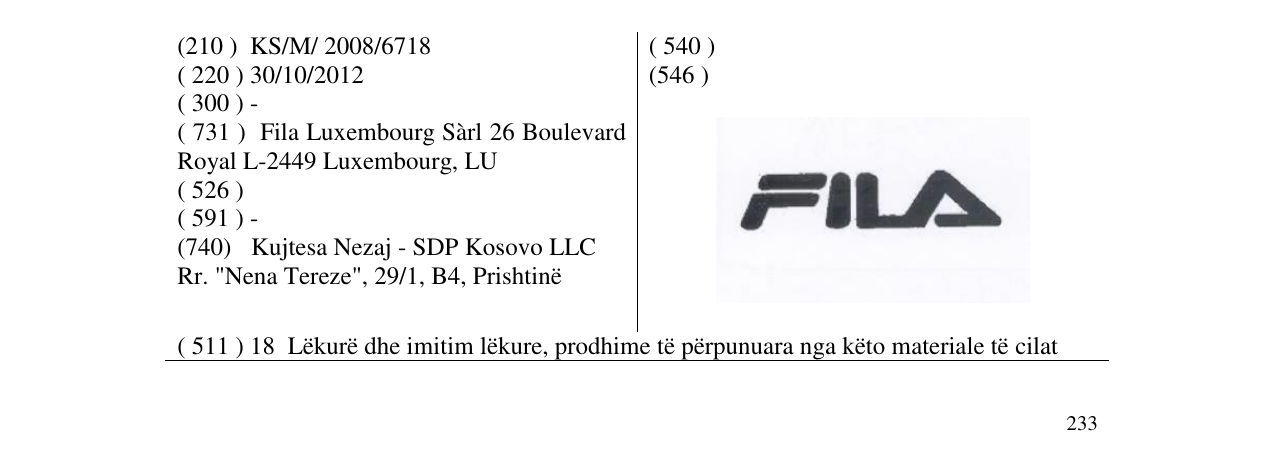 Zëri i markës FILA në buletin