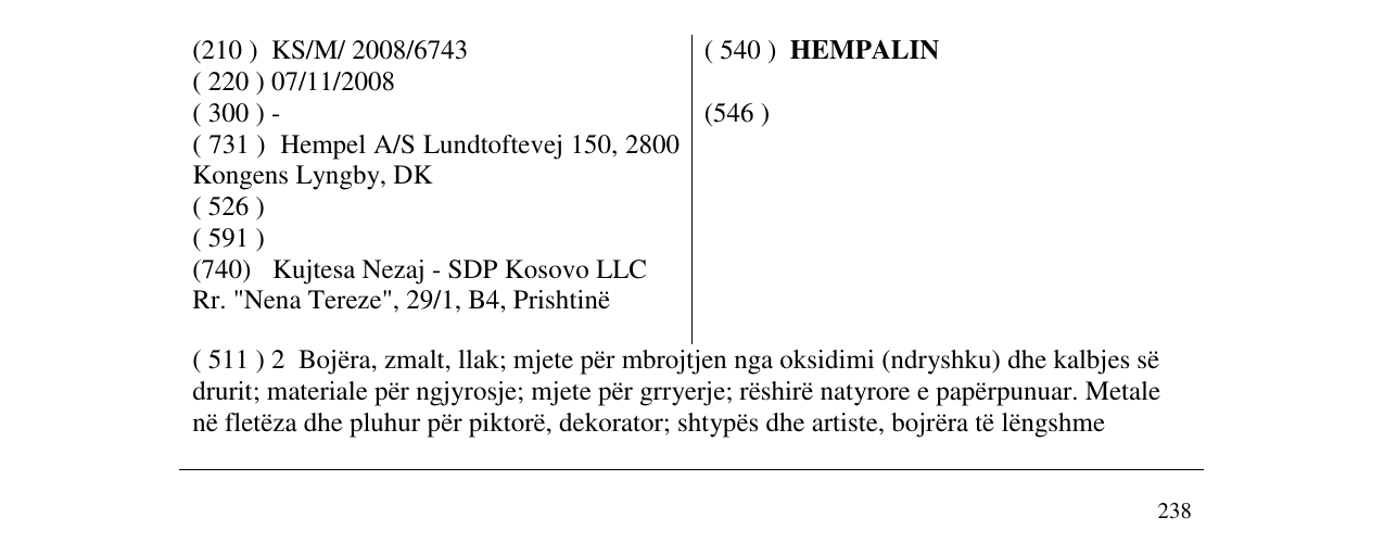 Zëri i markës HEMPALIN në buletin