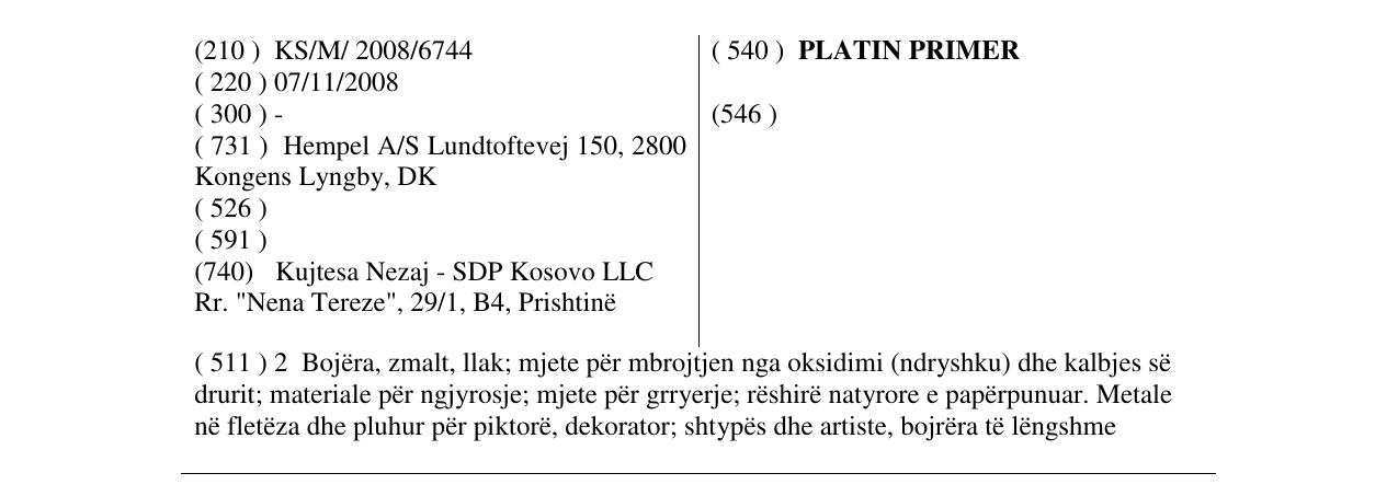 Zëri i markës PLATIN PRIMER në buletin