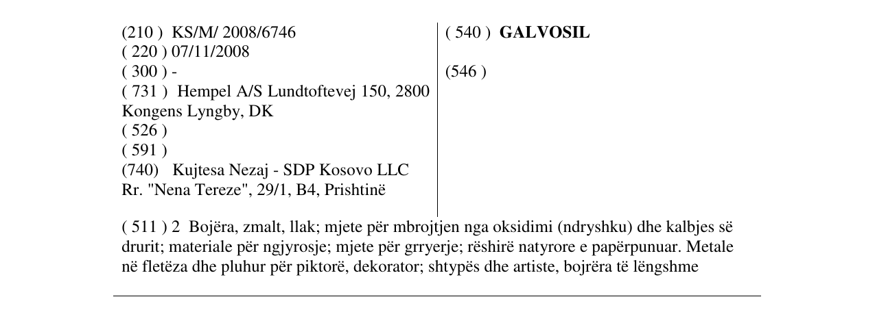 Zëri i markës GALVOSIL në buletin