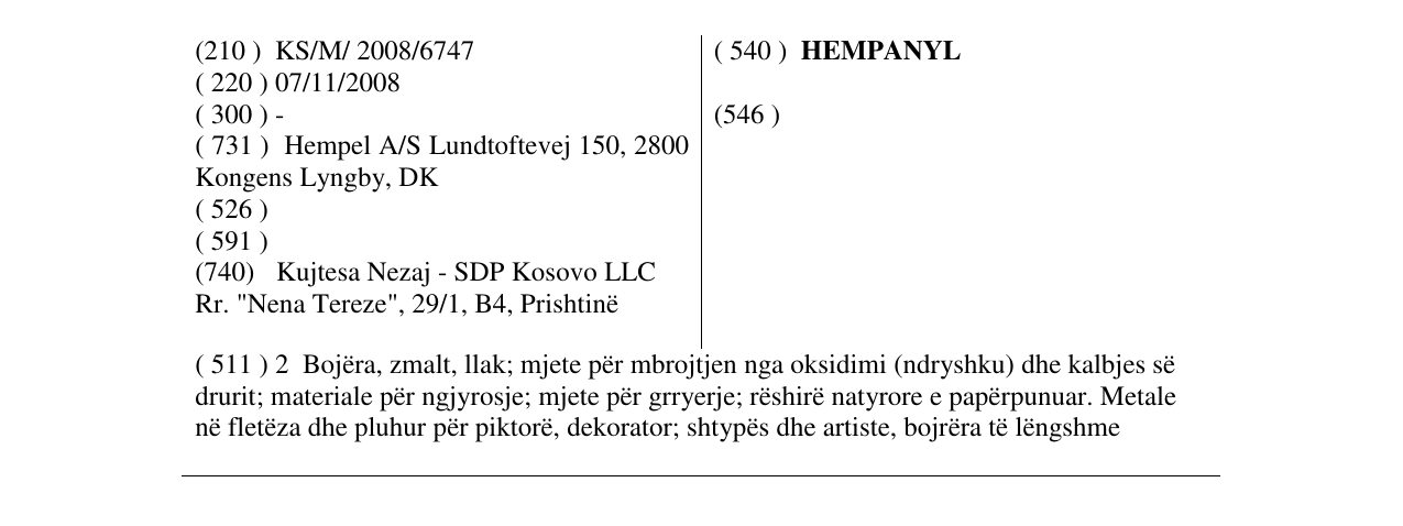 Zëri i markës HEMPANYL në buletin