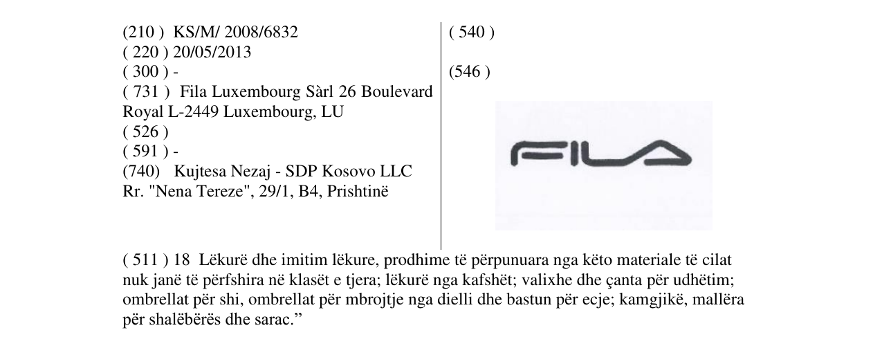 Zëri i markës FILA në buletin