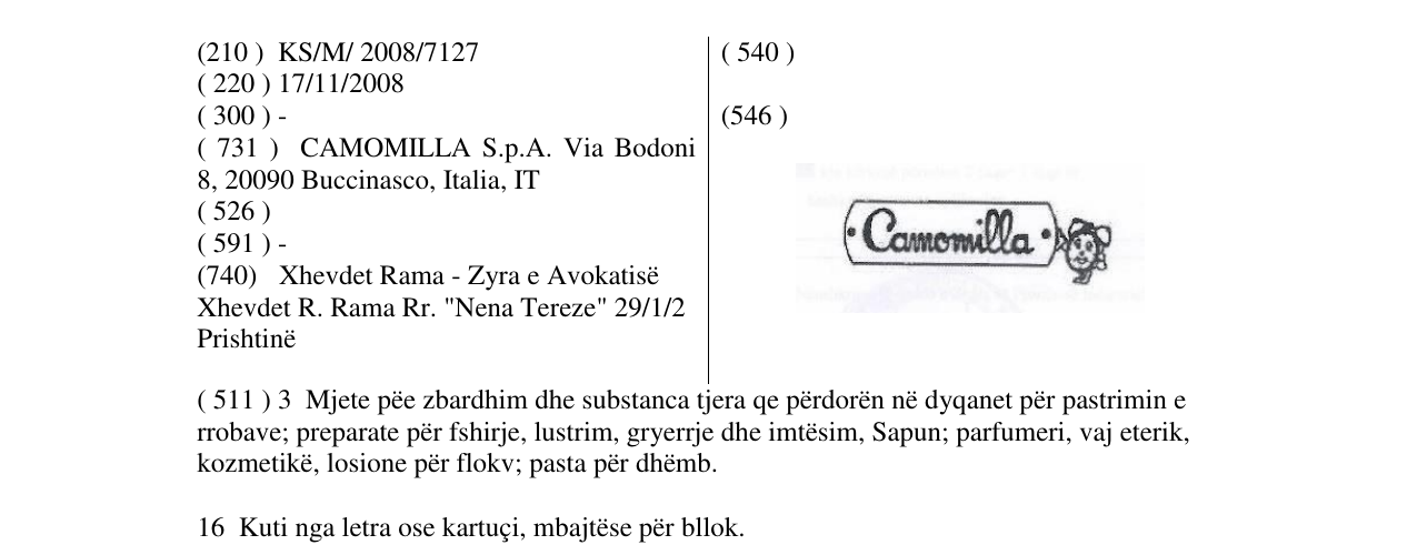 Zëri i markës CAMOMILLA në buletin