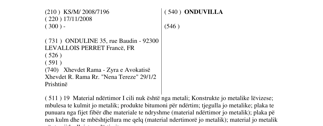 Zëri i markës ONDUVILLA në buletin