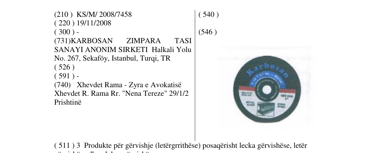 The entry of the trademark Karbosan in the bulletin