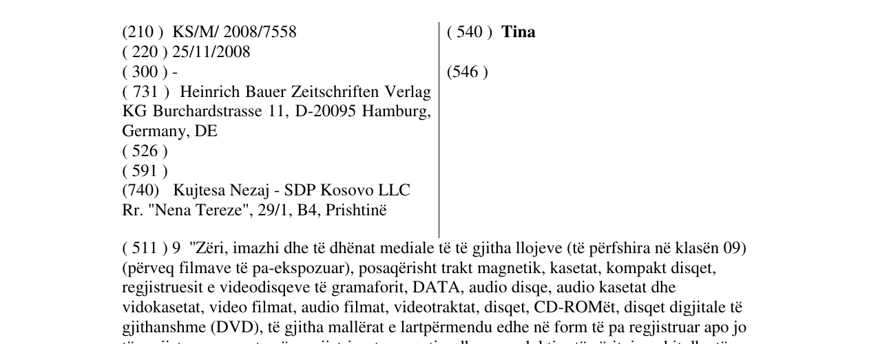 Zëri i markës Tina në buletin