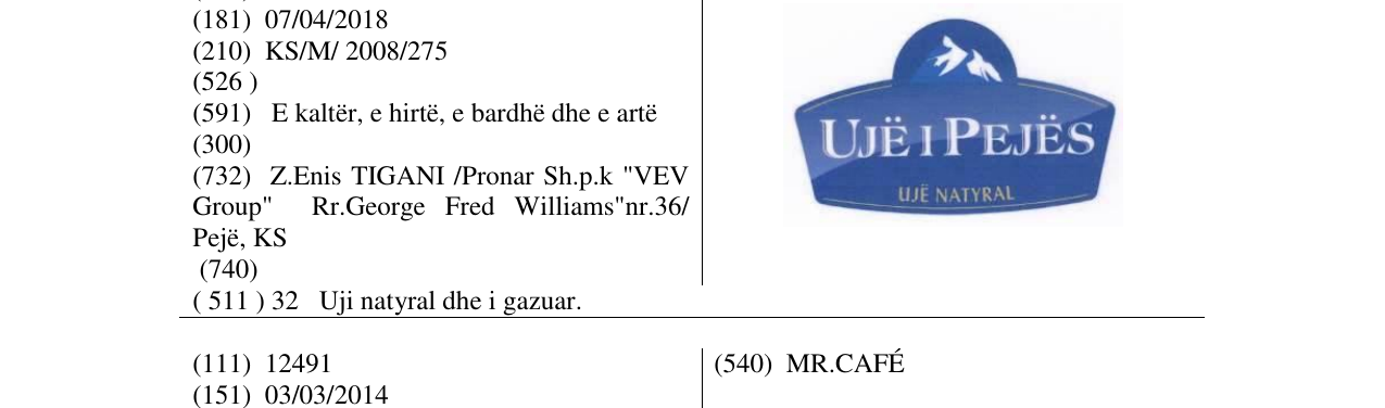Zëri i markës UJË I PEJËS në buletin