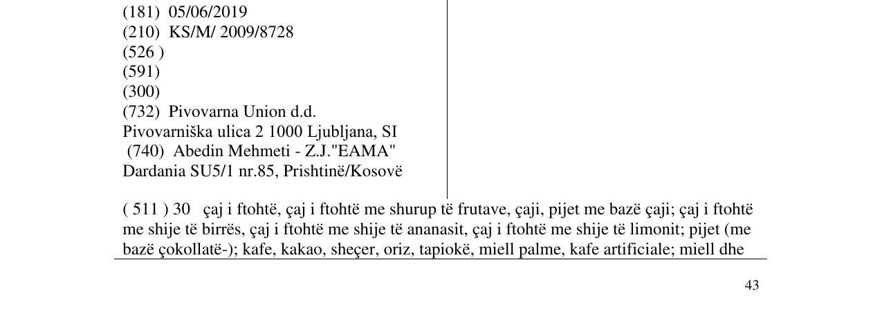 Zëri i markës BIRRË E PEJËS në buletin