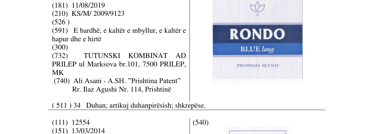 Zëri i markës RONDO BLUE long në buletin