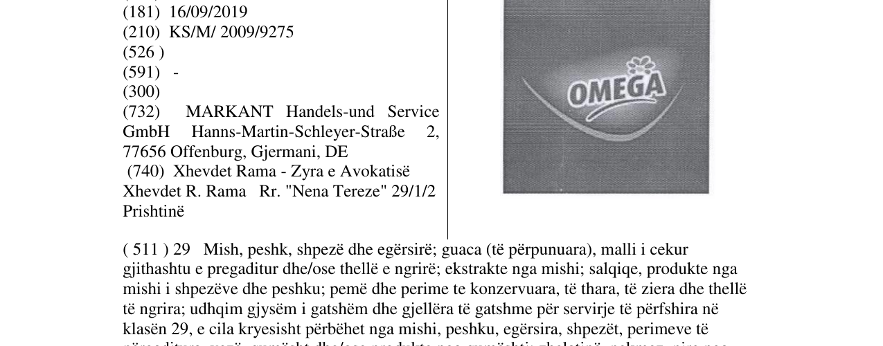 The entry of the trademark OMEGA in the bulletin