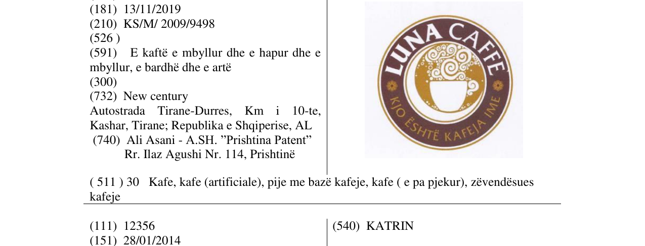 Zëri i markës LUNA CAFFE në buletin