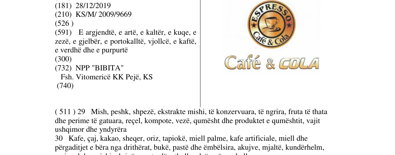 Zëri i markës ESPRESSO Cafe & COLA në buletin