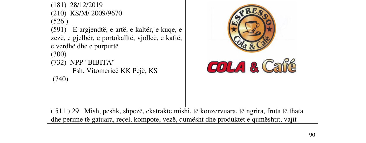 Zëri i markës ESPRESSO COLA & Cafe në buletin