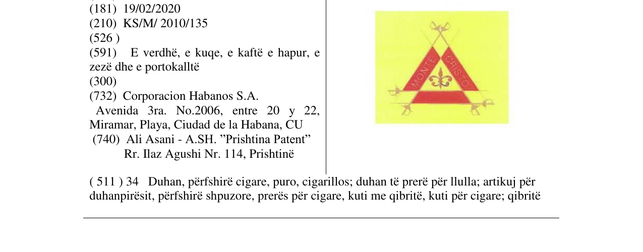 Zëri i markës MONTECRISTO në buletin