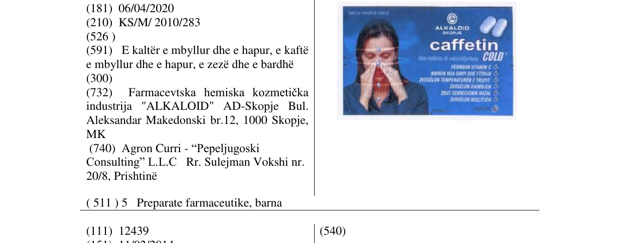 Zëri i markës Caffetin-COLD në buletin