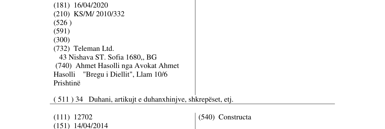 Zëri i markës TABACCHIERA në buletin