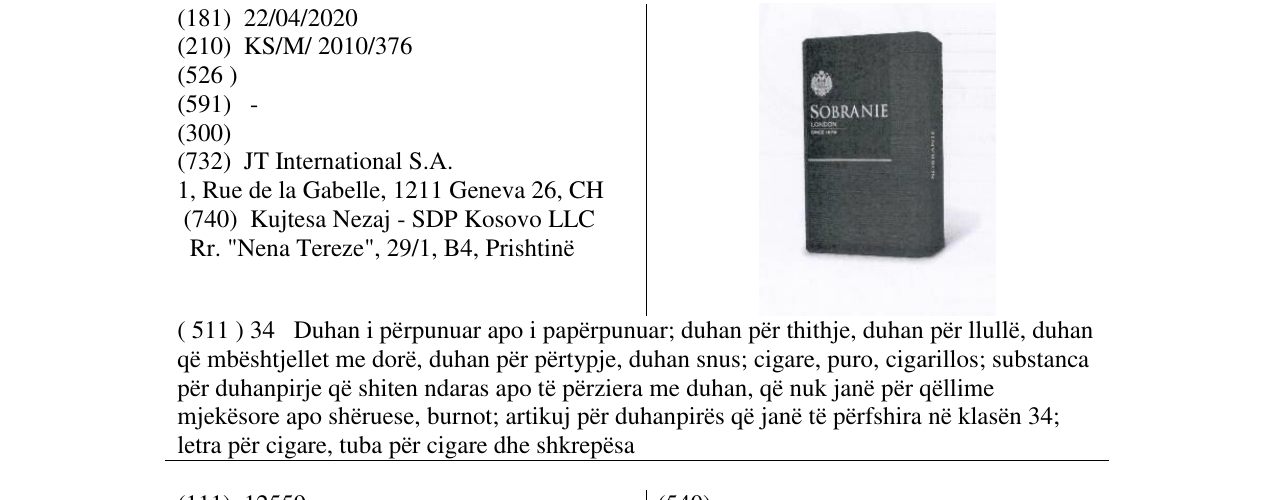 Zëri i markës SOBRANIE në buletin