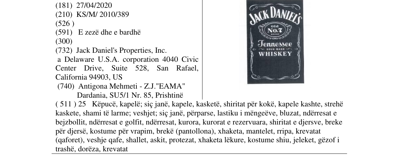 Zëri i markës JACK DANIEL'S në buletin
