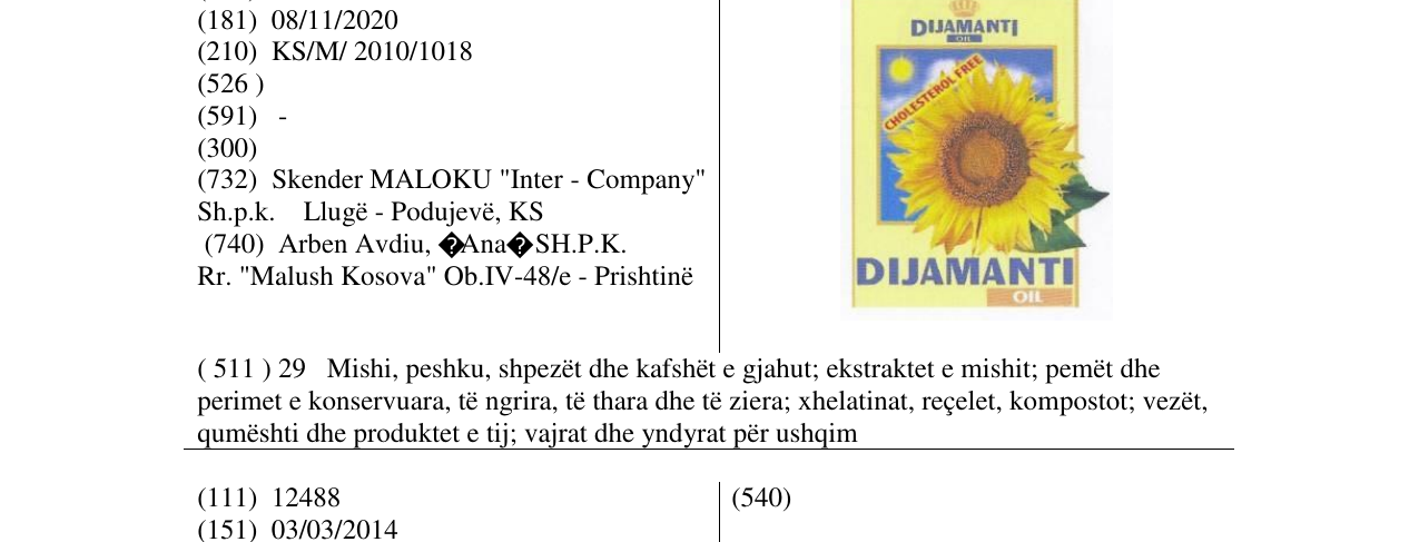 Zëri i markës DIJAMANTl OIL në buletin
