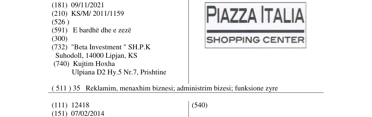Zëri i markës PIAZZA ITALIA në buletin