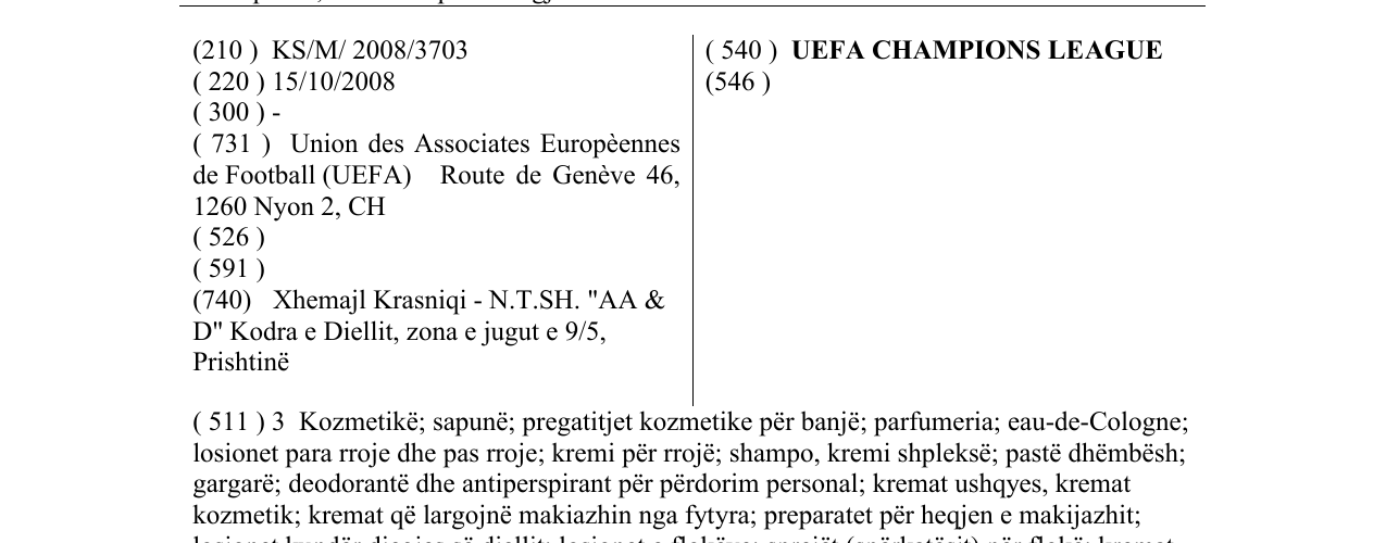 Zëri i markës UEFA CHAMPIONS LEAGUE në buletin