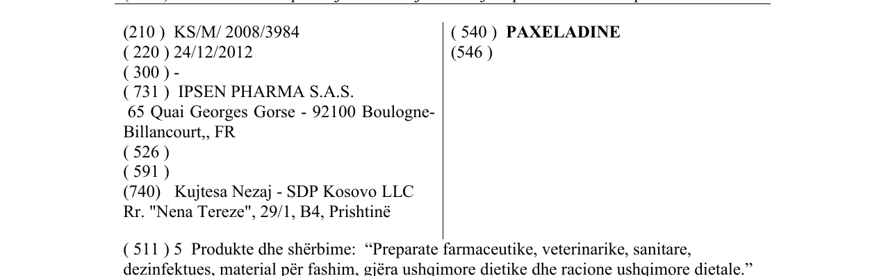Zëri i markës PAXELADINE në buletin